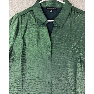 Sara Michelle Womens Blouse XL Green Shimmer Button Front
